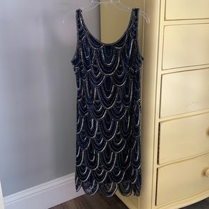 Navy blue beaded sleeveless dress, size 8